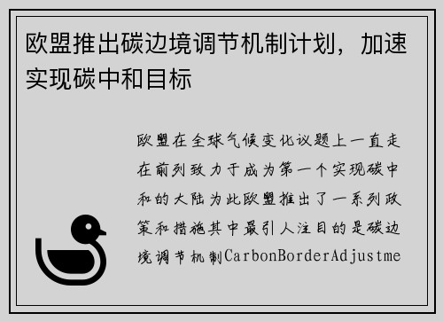 欧盟推出碳边境调节机制计划，加速实现碳中和目标