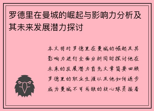 罗德里在曼城的崛起与影响力分析及其未来发展潜力探讨